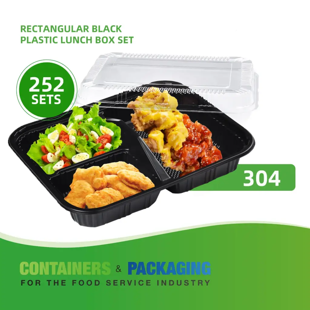 Bento Box  SZ-304 (3 COMPS) BLACK, 9.3"x7.5"x1.9" 